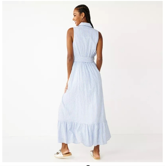 DRAPER JAMES RSVP Button Front Maxi Dress Sleeveless Linen Blend Blue Striped XL - Picture 3 of 15